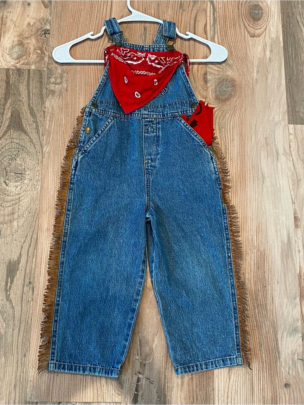 Cowboy themed Denim Overalls with Fringes and Red Bandana Accent